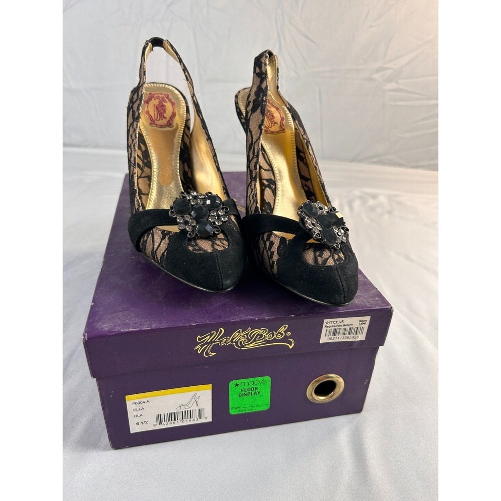 Hale Bob Ella Women Heels Slingback Size 6.5 Black Lace Rhinestone Elegant Glam‎